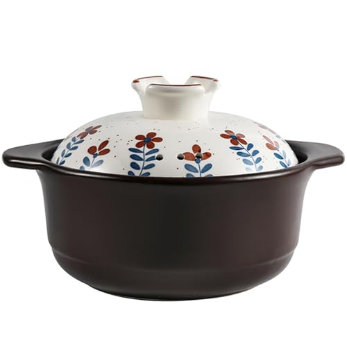 Olla de cerámica, Cacerola grande de barro resistente al calor con tapa, cacerola redonda asa, cerámica(3L/2.7Quarts)