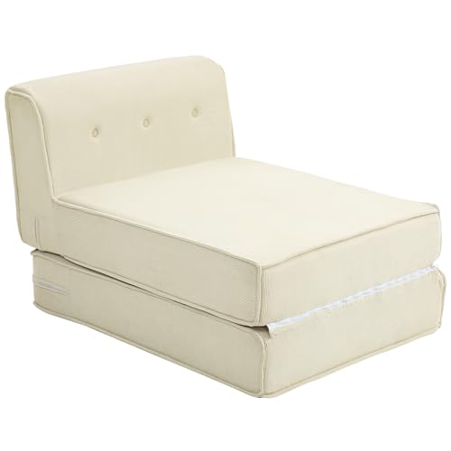 HOMCOM Bodensofa 2-in-1 Klappbar Schlafsofa mit Kordoptik, Gepolstert Sofabett bis 240 kg belastbar für Wohnzimmer, Schlafzimmer, Cremeweiß