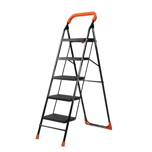 Image of BRANCO Heavy Duty Folding Ladder with Wide Steps | Lifestyle 5 Steps Foldable Ladder | Slip-Resistant | High Strength Long Durable for Home, Kitchen | (Black & Orange)