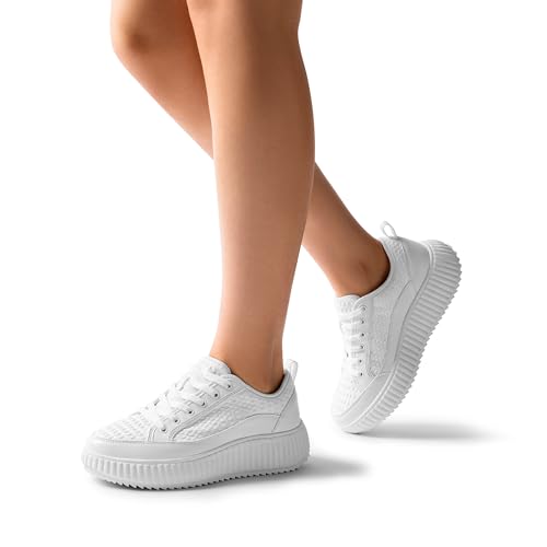 DREAM PAIRS Women Platform Chunky Lightweight Comfortable Casual Lace-Up Sky Walking Fashion Sneakers,Size 7.5,All White,SDFN2415W
