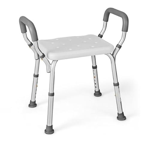 HOMASIS Siège de Baignoire Hauteur Réglable à 6 Niveaux, Tabouret de Douche avec Accoudoirs Rembourrés Amovibles, Chaise de Douche avec Pieds en Caoutchouc pour Personnes Agées, Gris
