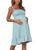 MOMOOD Sleeveless Maternity Dress Ruffled Shoulder Strappy Loose Smocked Pregnant Dress Summer Sage M