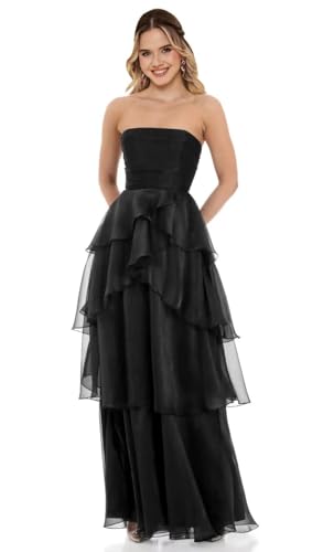 Strapless Tulle Prom Dress for Women Pleated Long Tiered Ruffle Sleeveless A Line Ruched Formal Evening Ball Gown