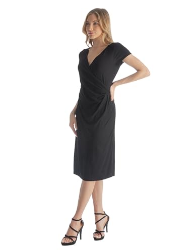 24seven Comfort Apparel Womens V Neck Short Sleeve Knee Length Faux Wrap Dress -Small-1X4