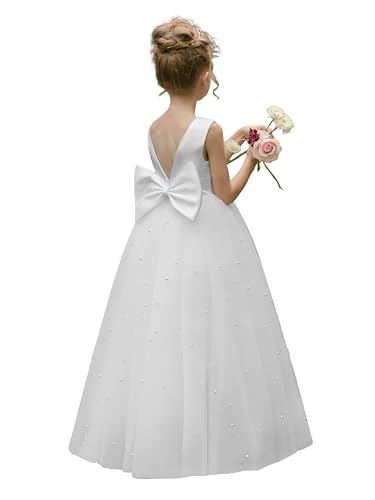 Pearl Beads Flower Girls Dress Sleeveless Puffy Tulle Princess Pageant Dresses First Communion Gown with Bow