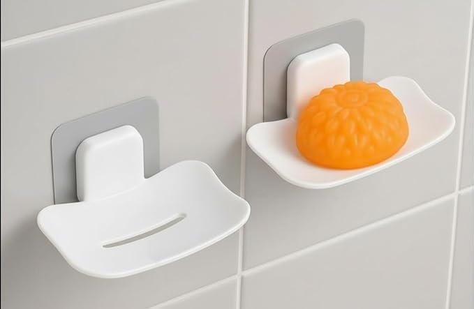 Image of Self-Adhesive Soap Holder for Bathroom (Pack of 2) Wall Mounted No-Drill Soap Stand with Water Drainage | Strong Sticker Plastic Soap Dish for Wash Basin & Kitchen (2, PS Soap Dish White)