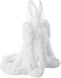 Yexinbridal Tulle Robe Long Lingerie Bridal Dressing Gown Puffy Nightgown Ruffles Sheer Maternity Photoshoot Gowns Bathrobe White L/XL