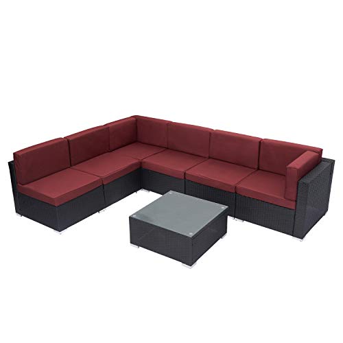 Kinsunny 7 PCs Outdoor Patio Sectional Set Black Rattan Wicker Furniture Sofa Set Conversation Chairs Thick Cushions with Pillows and Tea Table