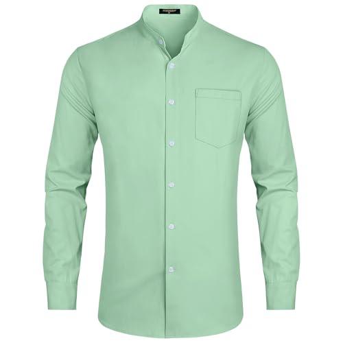 HISDERN Herrenhemden Langarm Mintgrün Hemd Herren Ohne Kragen Bügelfrei Herren Freizeithemden Oberhemd Business Hemden Stehkragen Herren Slim Fit für Hochzeit M