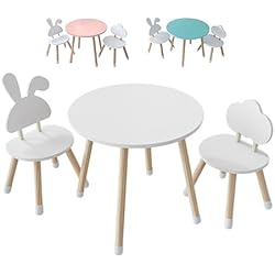 KYWAI® Mesa y Silla Infantil - Conjunto de Mesa Redonda y Dos Sillas. Robusto diseño en Madera de Pino. Ideal para Juegos, Creatividad y Aprendizaje Seguro (Blanco)