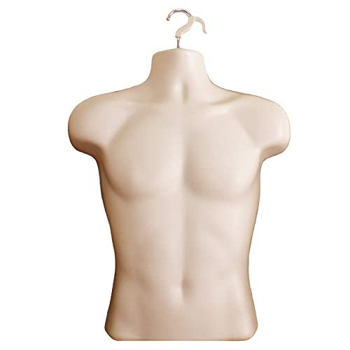 Flesh Plastic Male Hanging Mannequin Hollow Back Flesh Body Torso Dress Form Open Back & Hanging Hook, S-M Sizes (1 Pack)