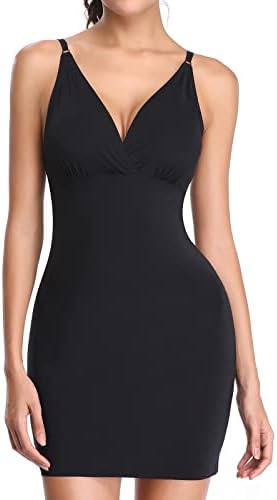 JOYSHAPER Women's Full Slip Adjustable Spaghetti Strap Camisole Dress Slip Casual V Nightgown Black