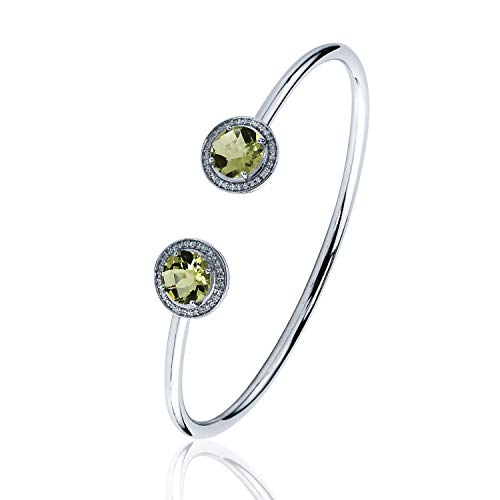 Sterling Silver Round-Cut Lemon-Green Quartz And Halo Diamond Cuff Bangle Bracelet (3Ct Tgw) By Diamond Wish #TOP1