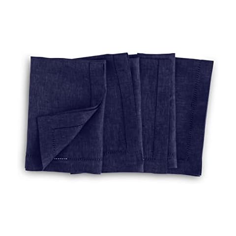Solino Home Linen Dinner Napkins - Chambray Navy, 20 x 20 Inch Set of 4, Milan 100% Pure Linen Hemstitched Pattern Napkins - Handcrafted Cover