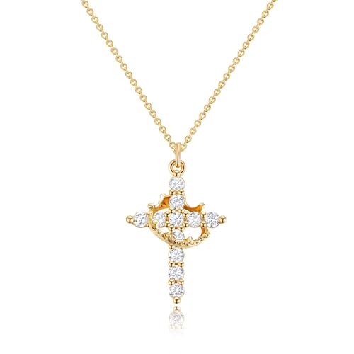 Gold Cross Necklace with Crown Charm for Women, Trendy Dainty Gold Plated Gothic Faith Diamond Cross Pendant Necklaces Non Tarnish Religious Jewelry Gift