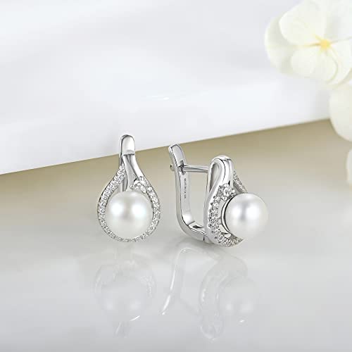JO WISDOM 925 Sterling Silver Hoop Earrings with Simulated Danlge Pearl(white/Black)3