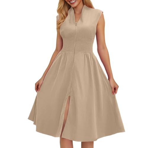 Generisch Damen Kleid V Ausschnitt Wickelkleid Lange Freizeitkleider Sommerkleid Ärmellos Hohe Taille Strand Wickelkleid Creme Tunika Sommerkleider