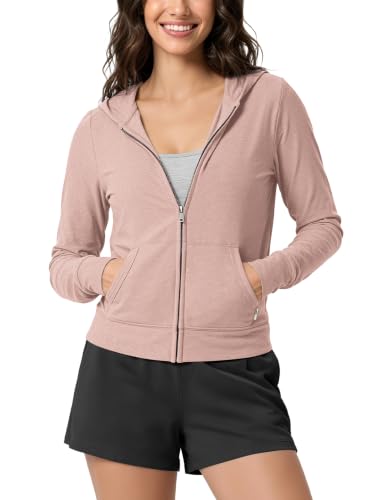 ODODOS Women's Mini Full-Zip Hoodie - odSTRATUM Tech Ultra Soft UPF 50+ Hooded Jacket with Pockets, Rose Pink Heather, Large
