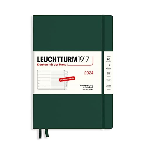 LEUCHTTURM1917 367749 kalendarz tygodniowy i notatnik z kompozycją (B5) 2024, z dodatkowym zeszytem na adresy i rocznice, Forest Green, niemiecki, 12 miesięcy