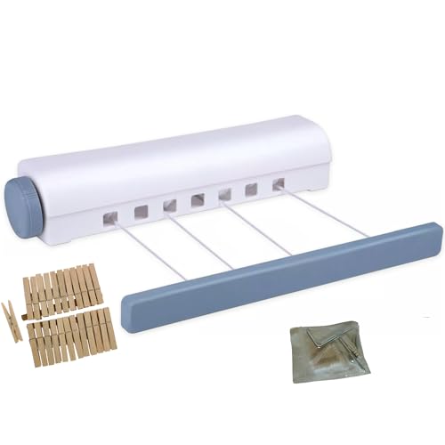 Tendedero Extensible de Pared Retráctil, 4 Cuerdas, Longitud de hasta 3.7m por cuerda , Tendedero para interior o exterior, Instalación Fija, Tendedero de Ropa Resistente y Compacto. Incluye pinzas