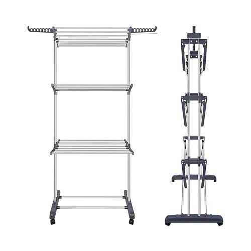 FROOBY Clothes Drying Rack, 4 Tier Collapsible Clothes Hanger, Heavy Duty Laundry Hanger for Indoor Outdoor Use, Large Space Saver with 18m Drying Capacity