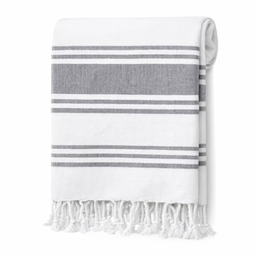 Adore Home Large Hammam Beach Towel Striped Turkish Style Fouta Peshtemal Cotton Rio Stripe Grey