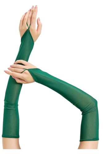 Womens Long Green Sheer Mesh Opera Gloves Emerald Dark Green Elbow-Length Fingerless Evening Tulle Arm Sleeves for Wedding Prom Cocktail Halloween Costume 1920s Gatsby Party & Formal Outfits