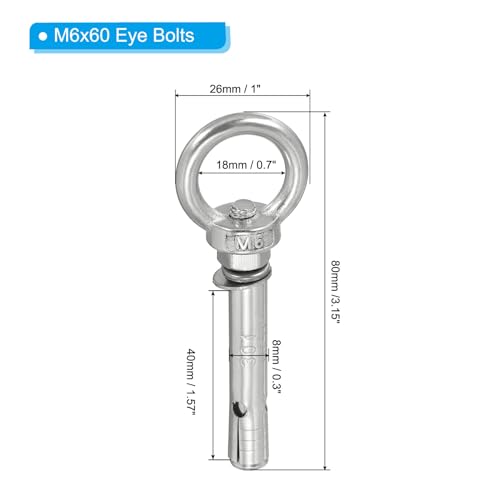 Image of PATIKIL Expansion Eye Bolt M6x60mm, 6 Pack 304 Stainless Steel Shoulder Anchors Eyebolt Screw with Eye Ring for Concrete Brick Walls Canopy Engineering Rigging Silver