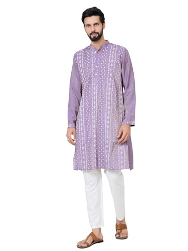 Image of See Designs Men's Full Sleeve Mandarin Collar Embossed Printed Cotton Chanderi Straight Long Kurta with Pyjama - Festive Collection