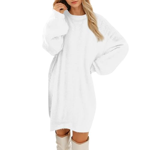 Pulloverkleid Damen Strickkleid Winterkleid Modische Knielang Wollkleid Langarm Rundhals Sweatkleid Weiß XXL