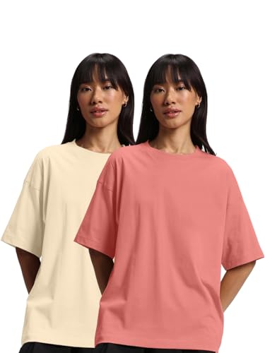 Image of JUNEBERRY Pure Cotton Drop Shoulder Oversized Baggy Fit Half Sleeve Plain Solid Round Neck Multicolor T-Shirt for Women & Girls (Pack of 2) (Sizes S-2XL)