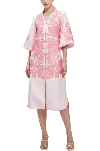 D-Sun Women Floral Embroidery Mid Dress Casual V-Neck 3/4 Sleeves Fall Winter Tunic Loose Zip Party Dress with Pocket