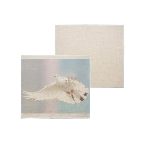 sous Verre en Lin - Colombe Blanche Oiseau De Paix Ailes Deployes Nature - 1 unité (100 x 100 mm)