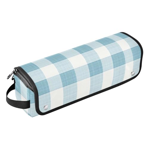 Bolsa de viaje para herramientas de cabello y tapete resistente al calor con gran capacidad, organizador para plancha, herramientas calientes y accesorios para cuidado del cabello, diseño de cuadrados blanco y azul