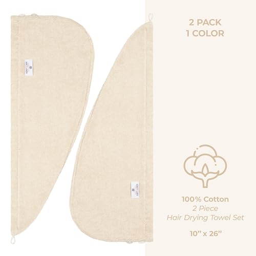 American Soft Linen 100% Cotton Hair Towels for Women, Head Towel Cap, Cotton Hair Turban Towel Wrap for Long Curly Anti Frizz Hair, Soft and Absorbent Cotton Hair Towels 2 Pack, Beige