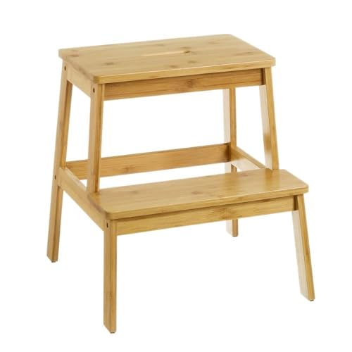 Taburete Escalón 2 Alturas Nórdico Marrón de Bambú Natural, Taburete Banqueta con 2 Escalones 47x43x42 cm, Soporta hasta: 150 KG