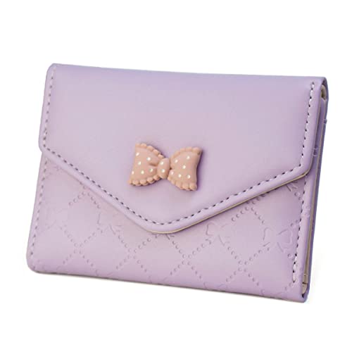 SUMGOGO Womens Girls Wallet Cute Bowknot Trifold Wallet Leather Purse Small Slim Short Wallet Cash Card Holder Bag (Purple)