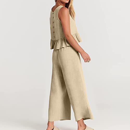Oggfader Cotton Linen Clothes Women Summer 2 Piece Sets Outfits Solid Ruffle Hem Tank Crop Tops Loose Casual Pants 2023 #TOP4