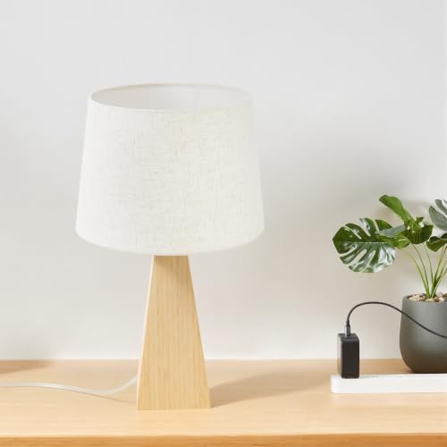 Image of Bamboo Table Lamp, Dimmable Bedside Lamp for Bedroom Decor | 20.3 inch Mid-Century Modern Desk Lamp with Linen Shade for Nightstand, Living Room, Office & Kids Room