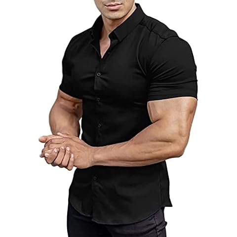 AUMELR Mens Shirts Short Sleeve Muscle Fit Dress Shirts Tops Business Casual Button Down Solid Black Shirt M Cover