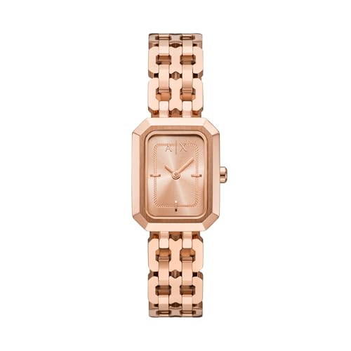 Armani Exchange A|X Women's Rectangular Two Hand Watch with Stainless Steel Strap, Rose Gold, Faye