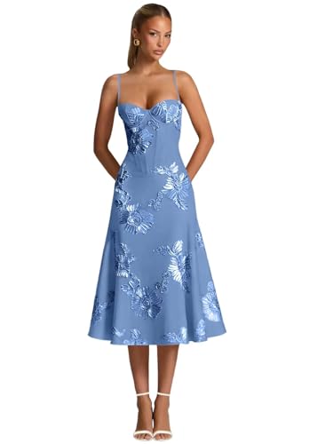 Daisory Blue 3D Flower Midi Bridesmaid Dresses for Women Sweetheart Neck A Line Prom Dress Spaghetti Straps Corset Wedding Guest Gowns US6
