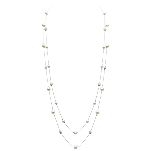 S SUSANN Costume Layered Pearl Necklace Choker and Earring set, good gift for women (long brass chain pearl bead necklace)