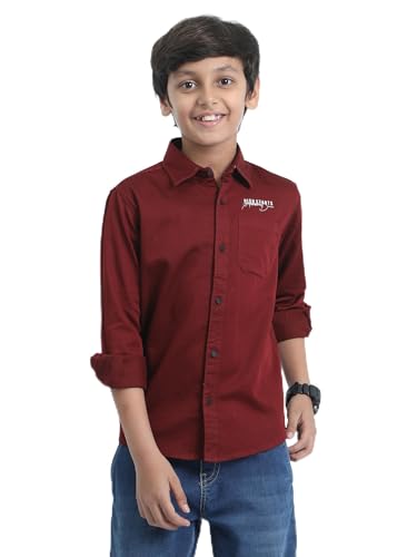 Image of Red Nine Rocket Science Boys' Solid Satin-Finish Poly Cotton Shirt | Single Pocket, Spread Collar, Long Sleeve, Casual
