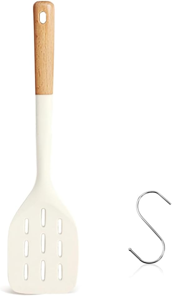 Silicone Slotted Spatula, Non Stick Kitchen Spatulas, Slip Resistant Comfortable Wooden Handle Turners, High Heat Resistant BPA Free Cooking Utensils, Rubber Spatulas for Cooki (White)