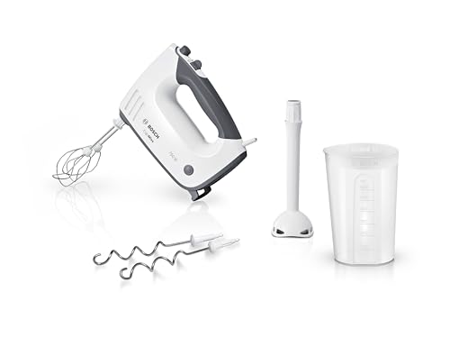 Preisvergleich Produktbild Bosch Handrührgerät, mit Pürierstab, Mixbecher, Edelstahl Rührer, Knethaken, spülmaschinenfest, 5 Stufen plus Turbotaste, weiß / grau, 750 W, ErgoMixx MFQ37470