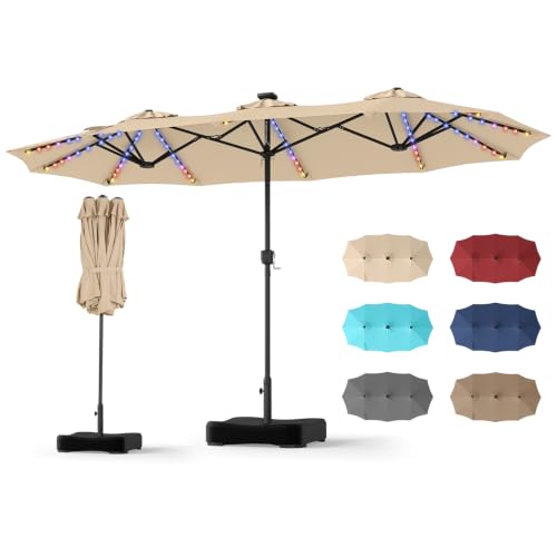 COSTWAY 4m Double Sided Garden Parasol Extra Large Outdoor Sun Umbrella with Solar LED Lights Crank Handle & Heavy Duty Base Waterproof Market Canopy Shelter for Patio Lawn (Beige 108 Lights)