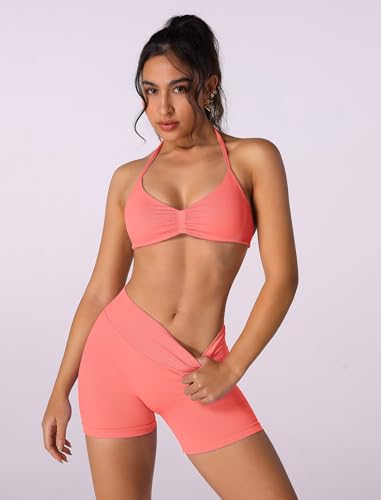 Image of ABOCIW Womens Seamless Workout Sets 2 Piece Strappy Halter Sports Bra Scrunch Butt Shorts Gym Yoga Outfits