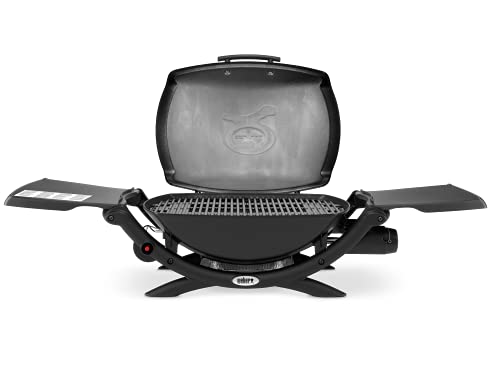 Weber Q2000 Gasgrill, 54 x 39cm Grillfäche, portabler BBQ Grill, 1 Brenner, mit ausklappbaren Seitentischen, 2-geteilter porzellanemaillierter Guss-Grillrost - Schwarz (53010079)
