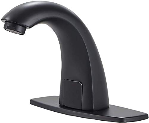 Automatic Touchless Faucet Black Bathroom Sink Faucet Electronic Sensor with Hole Cover Plate Control Box and Temperature Mixer AC/DC Powered Motion Activated Hands-Free Deck Mount
